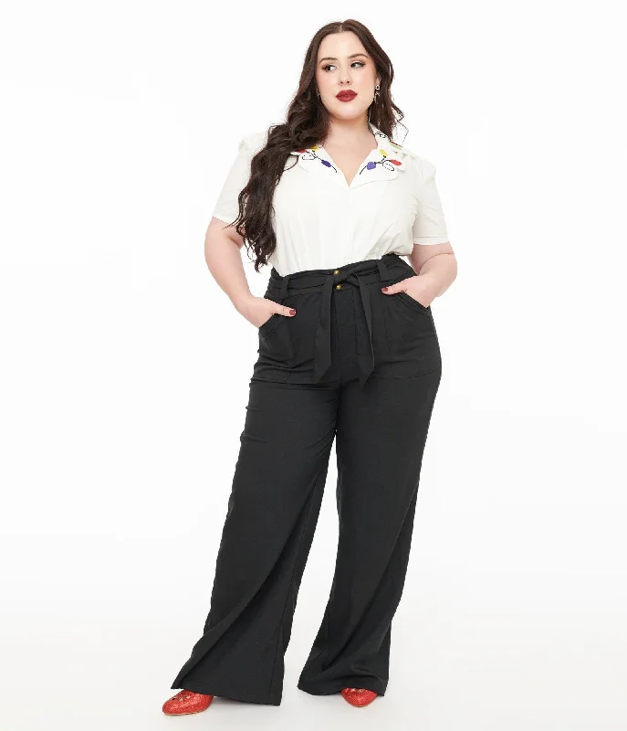 Waterproof hiking pants for rainy trail conditions -Unique Vintage Plus Size 1950s Black Wide Leg Trousers