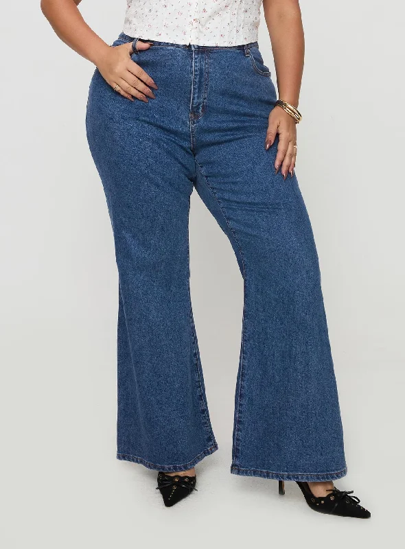 Wide Leg Jeans for Comfort -Lucille High Rise Flare Leg Jeans Mid Wash Curve