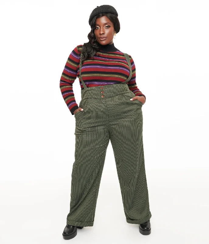 Durable canvas pants for heavy-duty work use -Royal Monk Plus Size 1940s Green Check Jenny Trousers