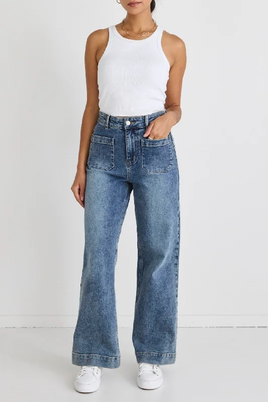 Business Jeans for Dressy -Zoey Mid Blue High Rise Wide Leg Pocket Jean