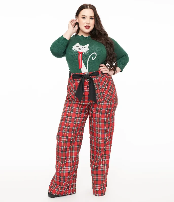 Casual twill pants for easygoing daily outfits -Unique Vintage Plus Size 1950s Red Plaid Wide Leg Trousers