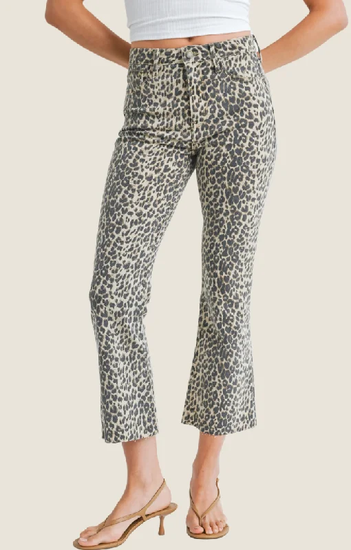 Acid Wash Jeans for Vintage -Elinda Leopard Cropped Flare Jeans