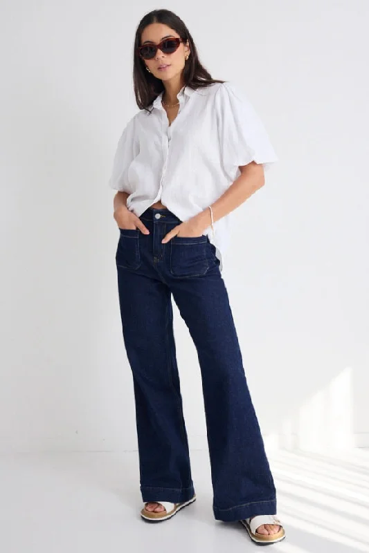 Hiking Jeans for Trail -Zoey Indigo High Rise Wide Leg Pocket Jean