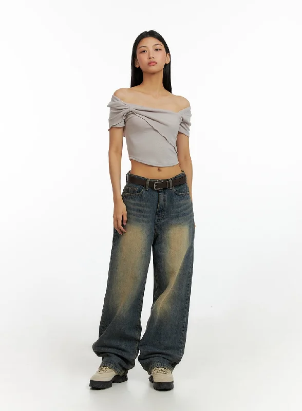 Raw Denim Jeans for Authentic -Wide Leg Washed Jeans IL419