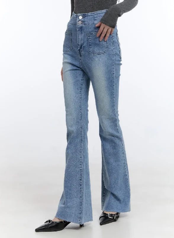 Decorated Back Pocket Jeans for Style -Double-Buttoned Pocket Bootcut Jeans CG412