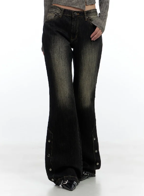 Painted Back Pocket Jeans for Artistic -Keira Classic Buttoned Bootcut Denim Jeans CS425