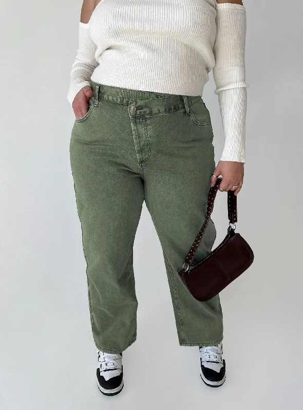 Patchwork Jeans for Bohemian -Holly Asymmetric Straight Leg Jean Green Denim Curve