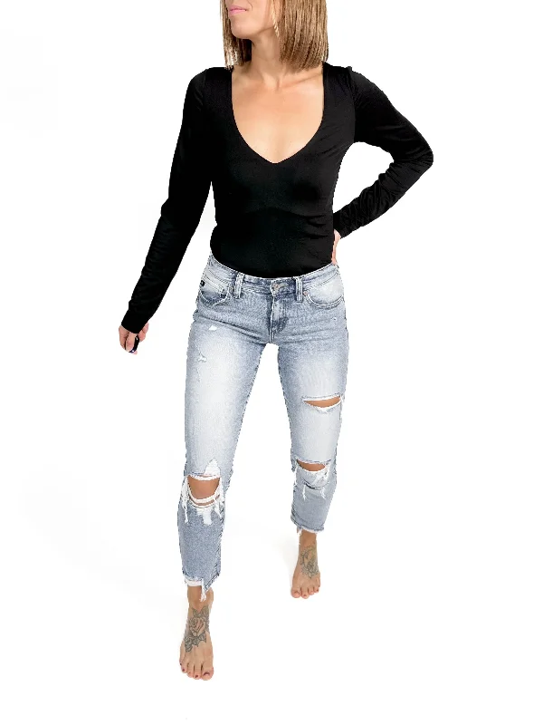 Ripped Jeans for Trendy Look -Ampersand Ave Adley High Rise Slim Straight Leg Jean