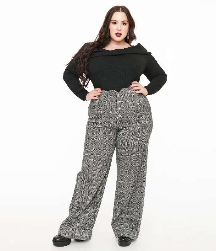 Rugged ripstop pants for extreme adventure durability -Unique Vintage Plus Size 1940s Grey Herringbone Buttoned Wide Leg Trousers