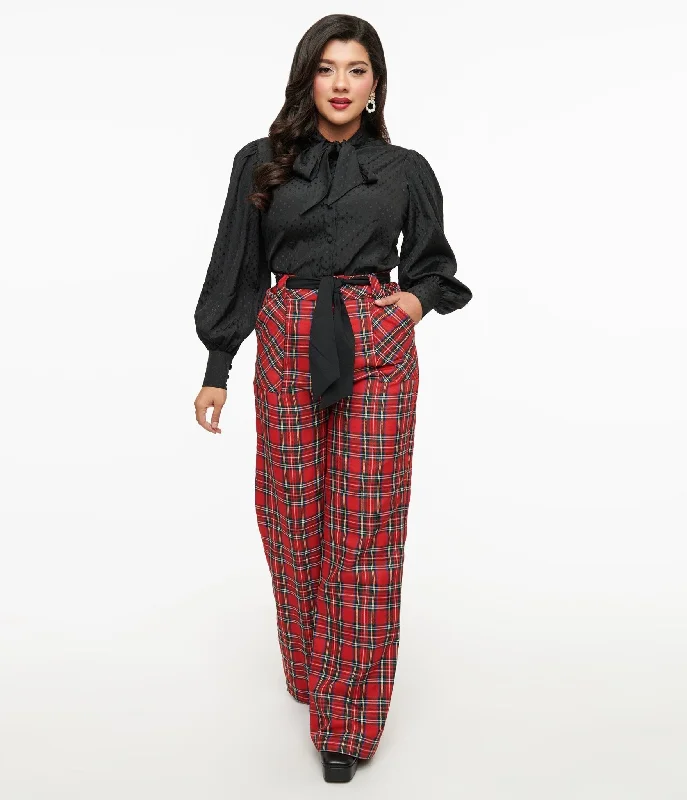 Soft stretch pants for all-day wear ease -Unique Vintage 1950s Red Plaid Wide Leg Trousers