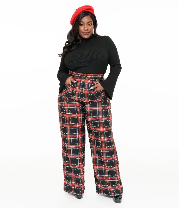 Athletic track pants for running training days -Smak Parlour Plus Size 1960s Black & Red Plaid Wide Leg Trousers