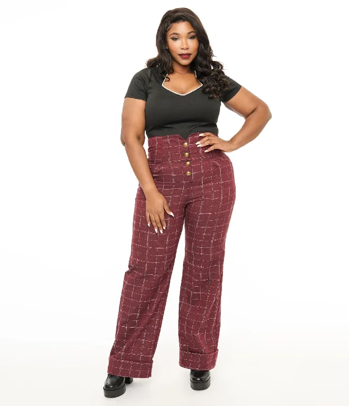 Soft cotton pants for sensitive skin comfort -Unique Vintage Plus Size 1940s Burgundy Windowpane Buttoned Wide Leg Trousers