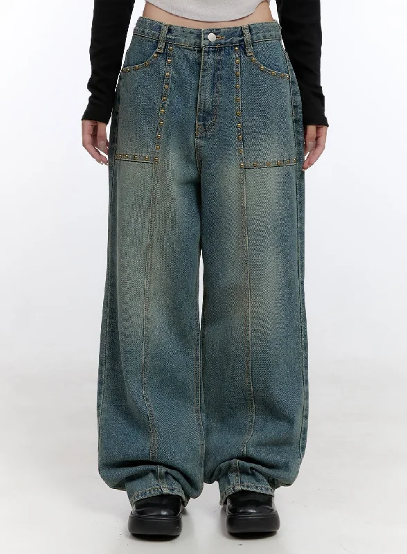 Tapered Jeans for Modern -Harper Studded Wide Leg Denim Jeans CO418