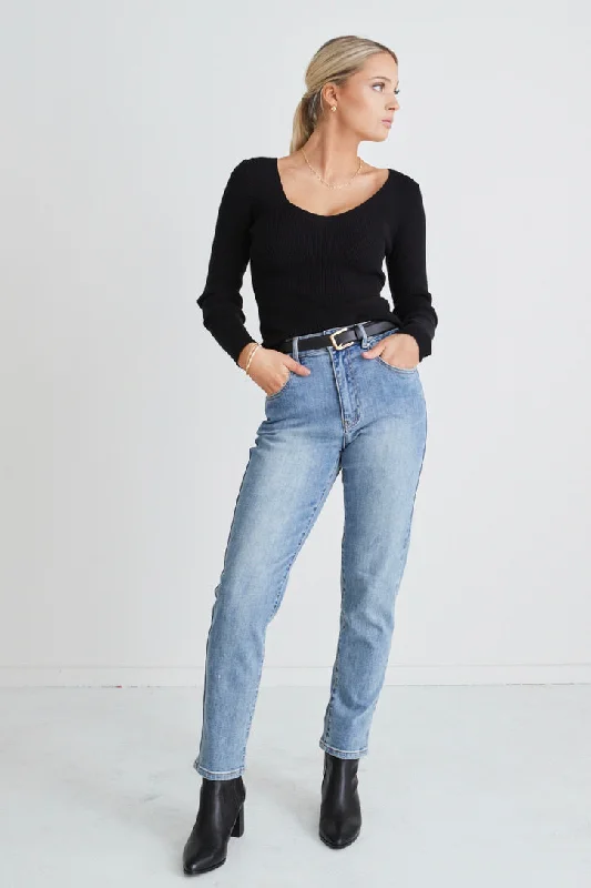 Black Jeans for Formal Look -Tommy Mid Blue High Waist Straight Leg Jean