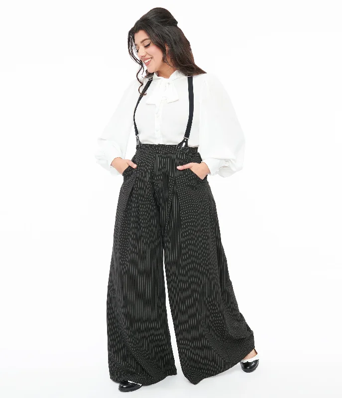 Slim-fit chinos for modern business casual -Voodoo Vixen Black & White Pinstripe Suspender Trousers