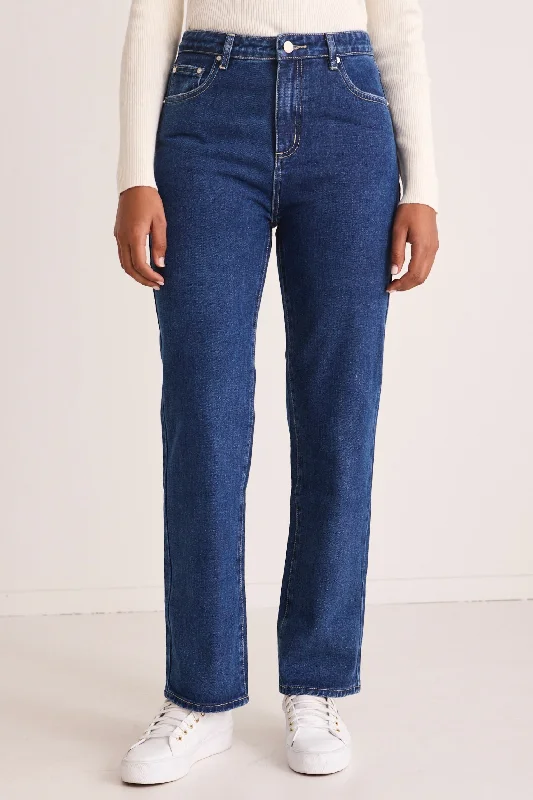 Frayed Hem Jeans for Edgy -Lexie Dark Blue High Waist Straight Leg Jean