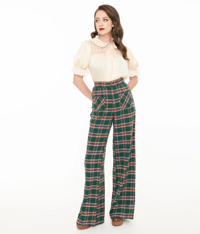 High-performance ski pants for snowy mountain slopes -Smak Parlour 1960s Green & Red Plaid Wide Leg Trousers