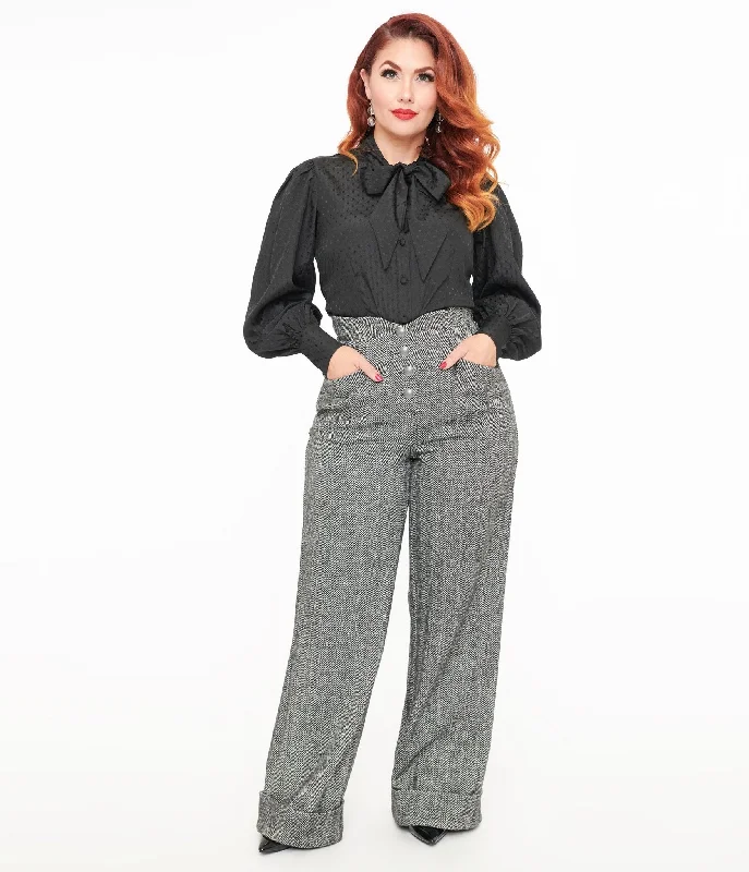 Camouflage cargo pants for hunting trip needs -Unique Vintage 1940s Grey Herringbone Buttoned Wide Leg Trousers