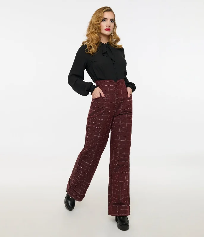 Breathable linen pants for hot summer days -Unique Vintage 1940s Burgundy Windowpane Buttoned Wide Leg Trousers