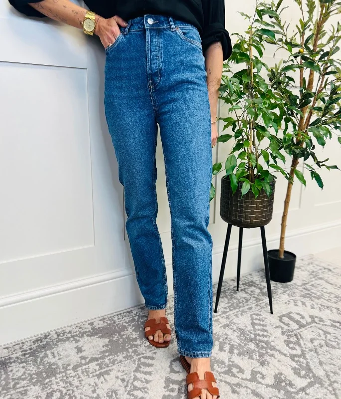 Cuffed Jeans for Stylish Touch -Blue Slim Leg High Rise Jeans