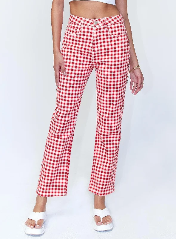 High-end Jeans for Exclusivity -Kendra Gingham Denim Jeans Red