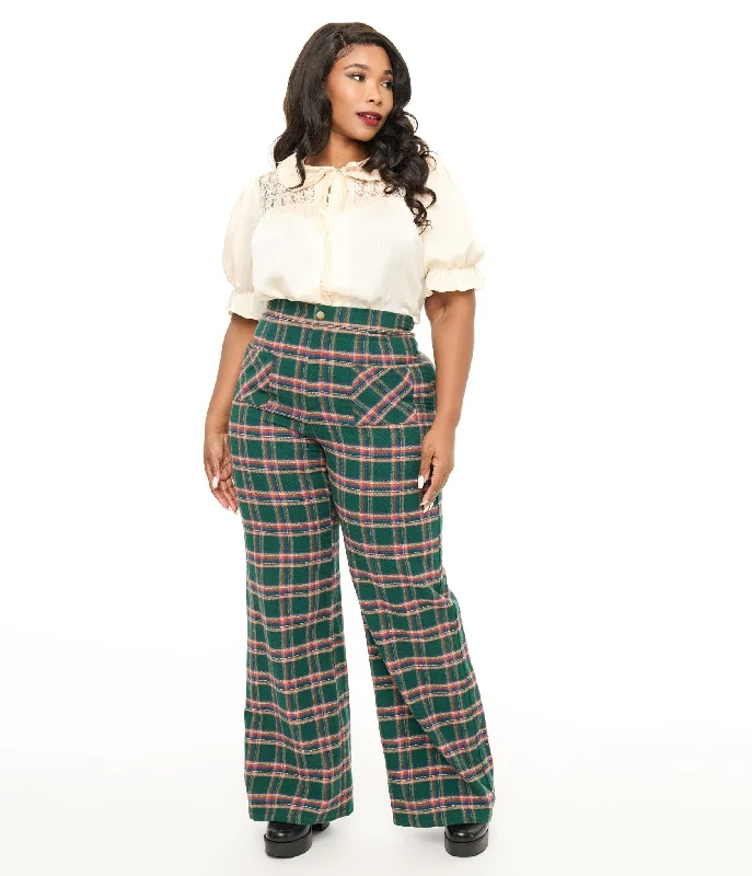 Weather-resistant pants for unpredictable climate needs -Smak Parlour Plus Size 1960s Green & Red Plaid Wide Leg Trousers