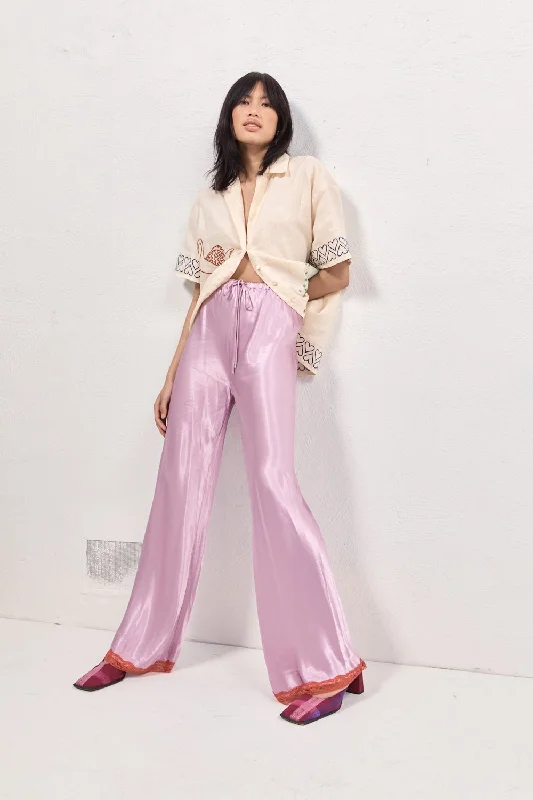 Flowy linen pants for relaxed tropical vacations -Josefin Satin Pants Lilac