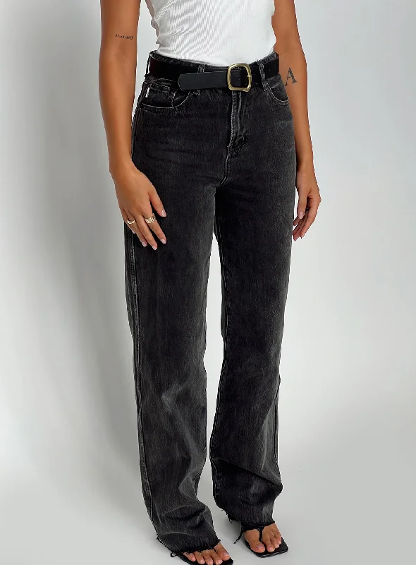 Frayed Hem Jeans for Edgy -Karlina High Rise Straight Leg Jean Charcoal