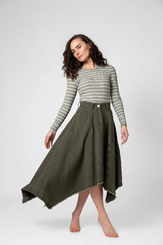 Tall Denim Skirts for Long Legs -Kerchief  Denim Skirt - Olive