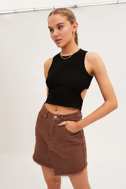 Midi Denim Skirts for Elegant -Brown Denim Skirt Mini Asymmetric Hem