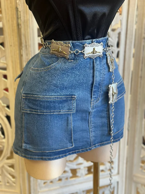 Denim Skirts for Wedding Guests -Double Pocket Mini Denim Skirt- Estira, Stretchy