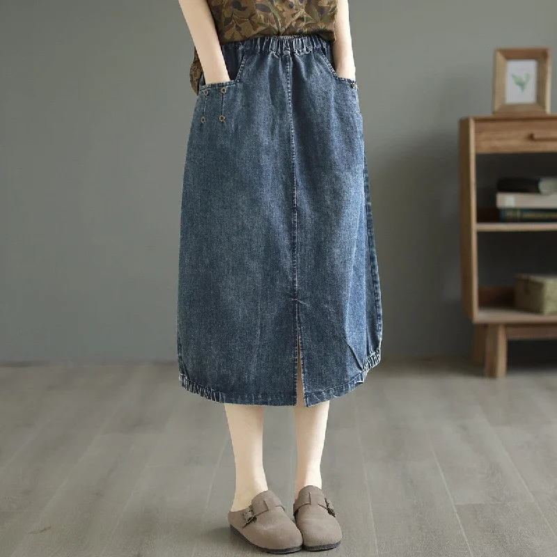 Single Layer Denim Skirts for Simple -Women Summer Casual Solid Split Denim Skirt