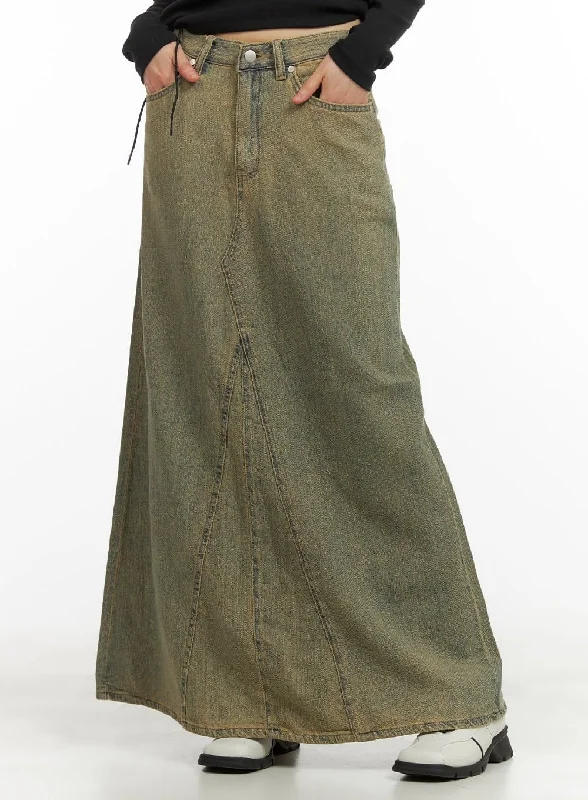 Denim Skirts for Movie Nights -Vintage Washed Maxi Denim Skirt CY414