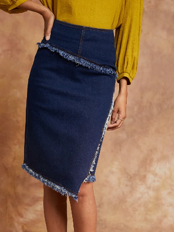 Denim Skirts for Concert Events -Women's High Waist Raw Hem Denim Skirt