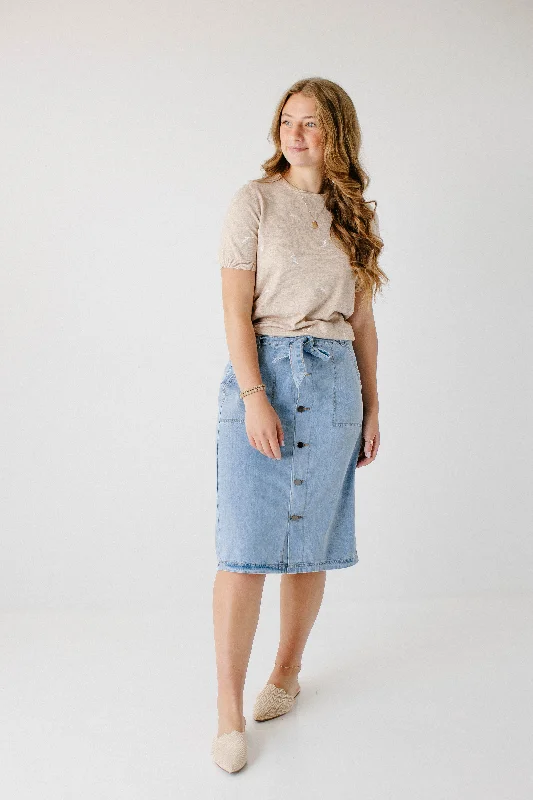 Denim Skirts for Picnics -'Cassidy' Button Down Tie Waist Denim Skirt in Light Wash