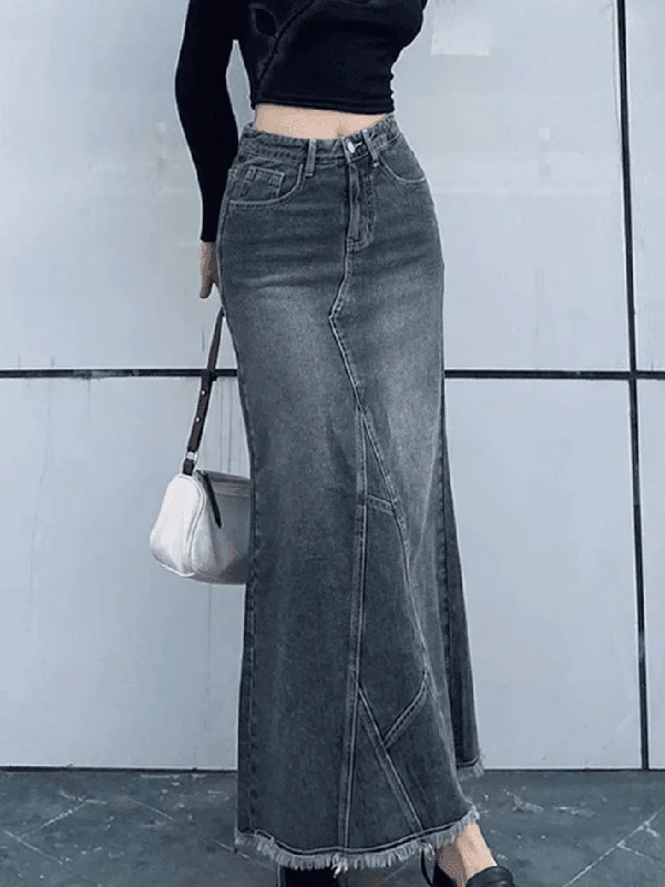 Distressed Denim Skirts for Vintage -Back Slit Patchwork Long Denim Skirt