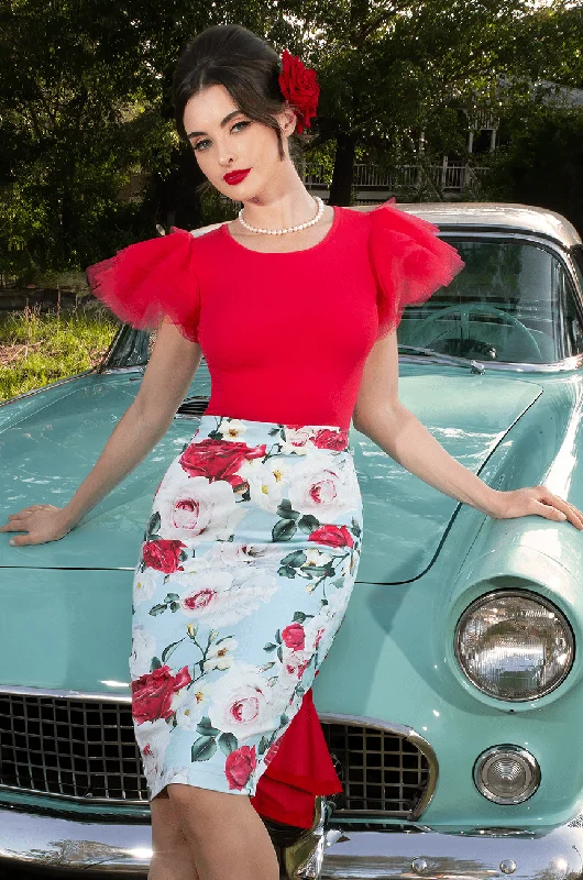 Vintage skirts with 70s-inspired designs -Tea Rose Wiggle Skirt (Print)