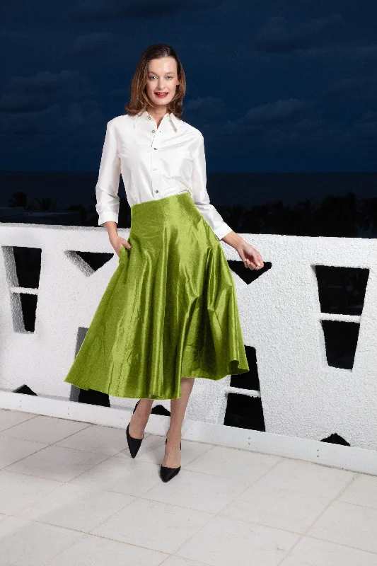 Lightweight linen skirts for breathable wear -Mid-Calf Skirt Green Silk