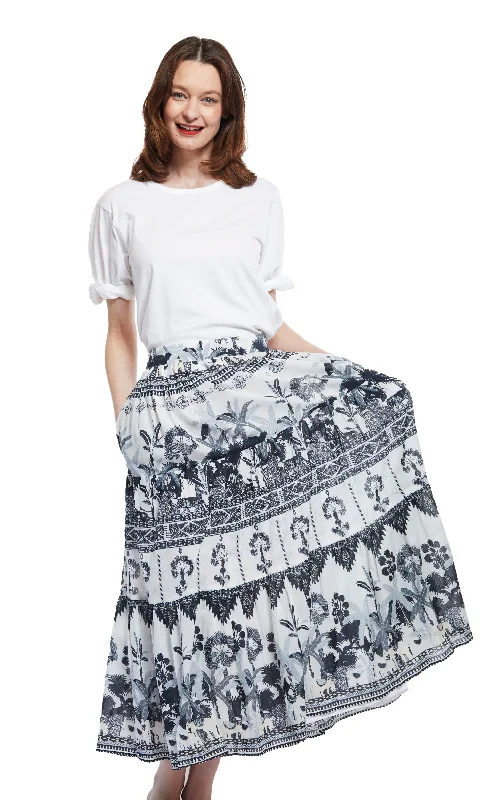 Ruffled midi skirts for delicate feminine touch -Woodstock Skirt with Grey Ikat Print