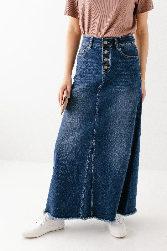 Denim Skirts for Business Lunches -'Haven' Long Stretch Denim Skirt in Dark Wash