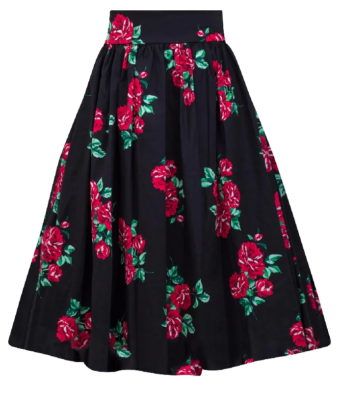 Cute skirts with playful polka dots -Black & Red Floral Spanish Rose Swing Skirt