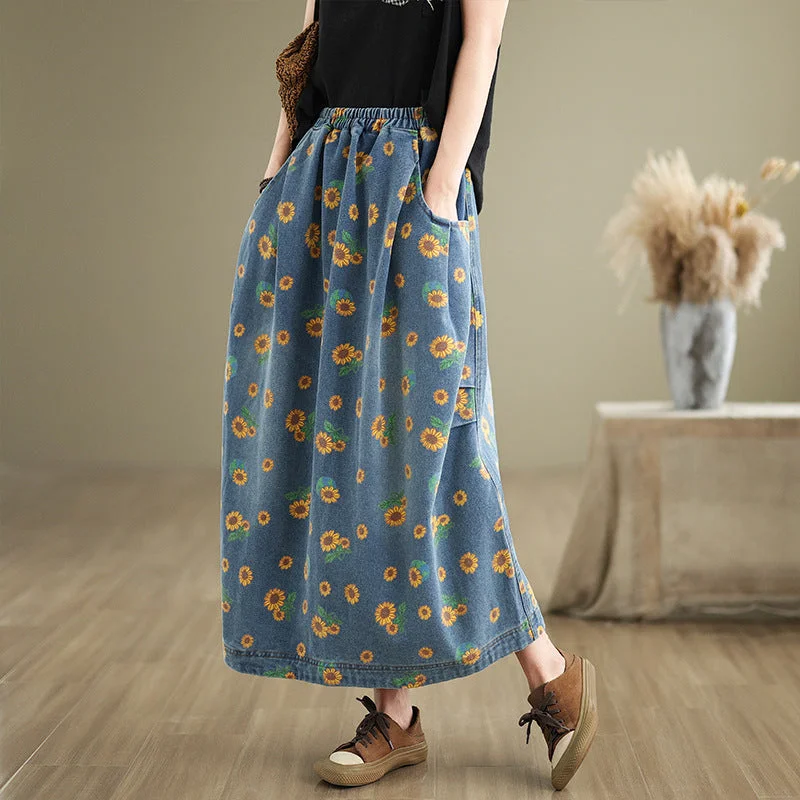 Khaki Denim Skirts for Earthy -Babakud Women Autumn Loose Artistic Printed Denim Skirt