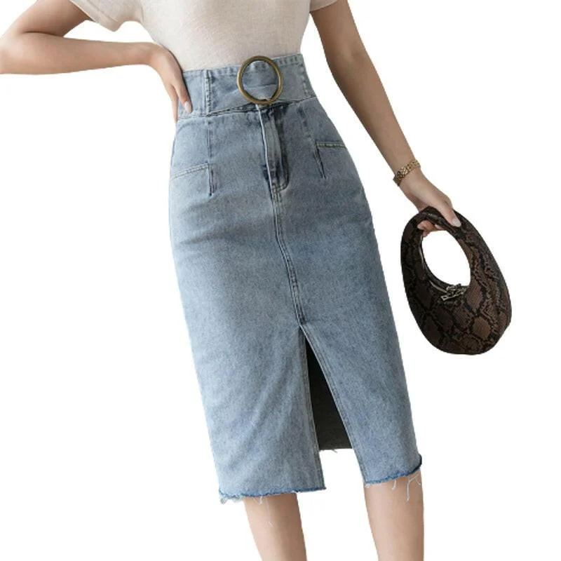 Durable cotton skirts for tough daily use -Denim split hip skirt