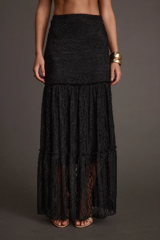 Classic black skirts for versatile outfit pairing -Poppy Black Lace Maxi Skirt