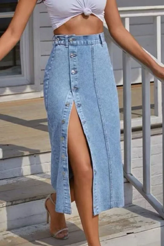 Denim Skirts for Running -Button Fly Split Denim Skirt