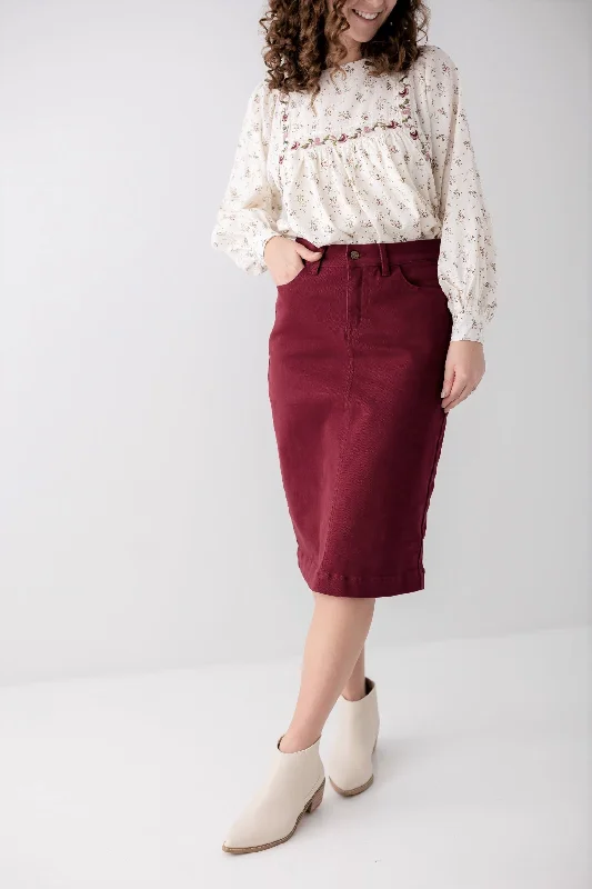 Petite Denim Skirts for Small -'Leah' Vintage Denim Skirt in Burgundy FINAL SALE