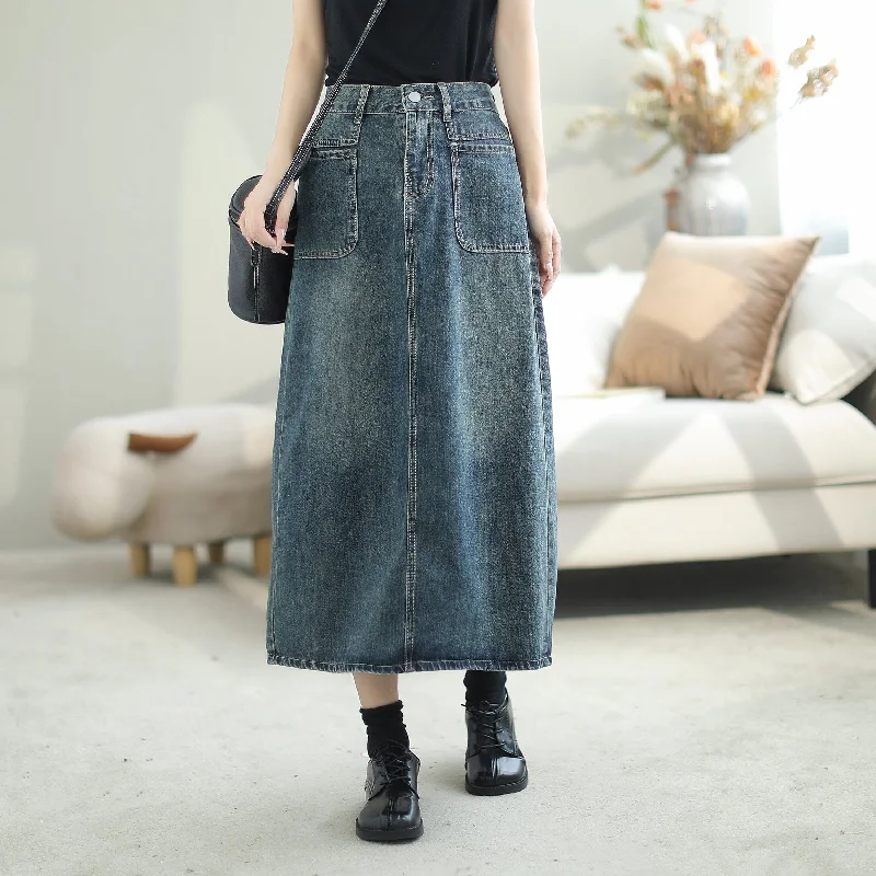 Loose Fit Denim Skirts for Relaxed -Women Autumn Solid Casual A-Line Denim Skirt