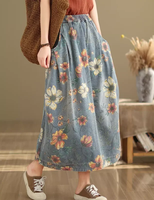 Green Denim Skirts for Nature -Summer Retro Floral Printed Casual Denim Skirt