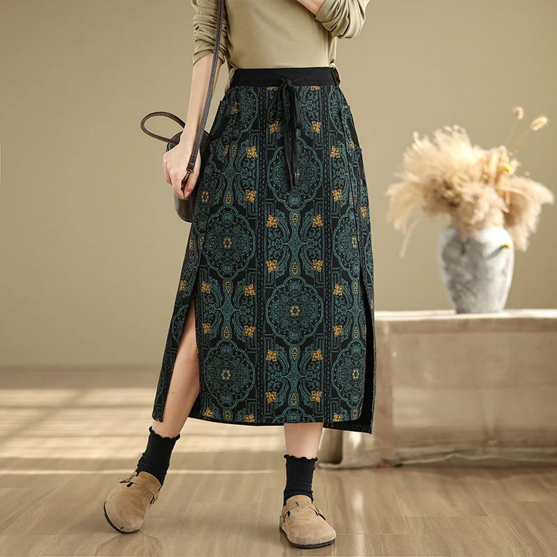 Printed Denim Skirts with Florals -Babakud Women Spring Vintage Side-Slit Printed Denim Skirt