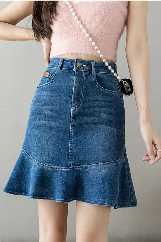 High Waist Denim Skirts for Women -KittenAlarm - High Waist Mid Length Mermaid Denim Skirt